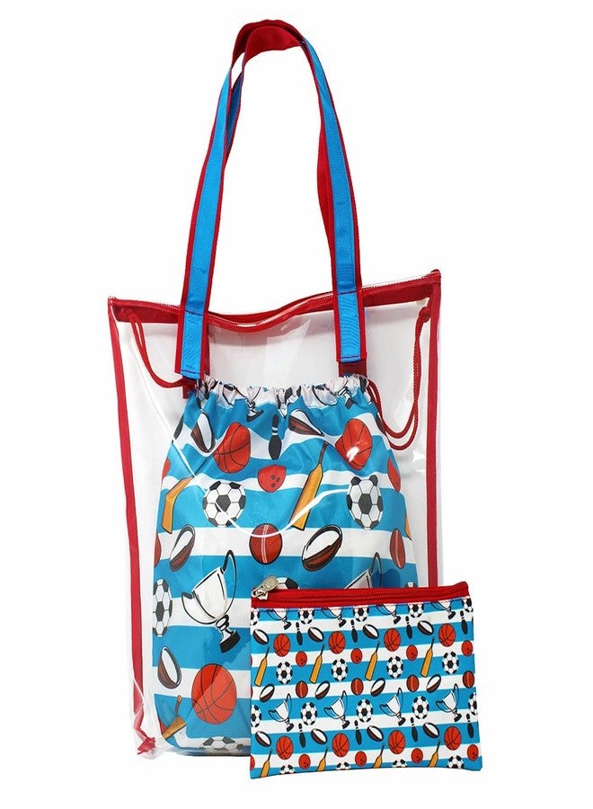 The Rosette Imprint 3-in-1 Swimming Bag Set | 15 x 14 Inch Waterproof PVC Tote Bag | Wet & Dry Compartments and Pouch for Kids Girls & Boys | School, & Outdoor Activities | Blue Sports Design - Image 1